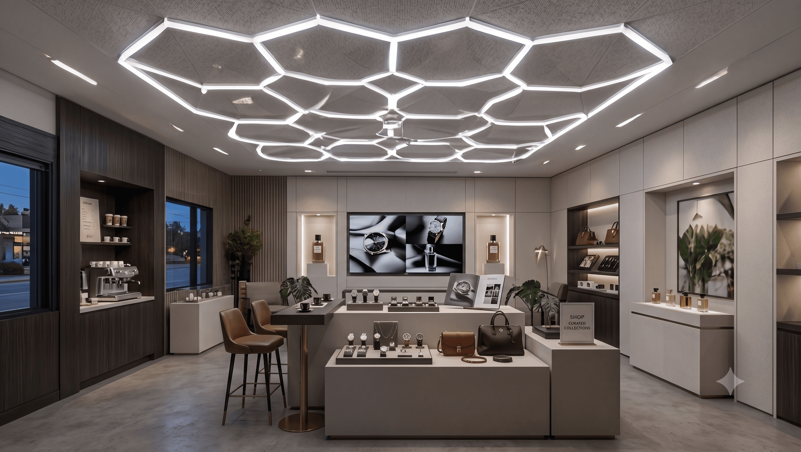 Hexagon LED lighting installation in a retail shop